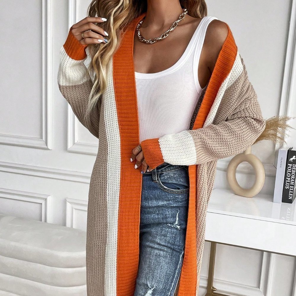 Multicolor Casual Womens Color Block Open Front Cardigan - Picture 6 of 6